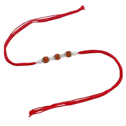 Original Silver Rudraksha Rakhi for Brother | 3 Beads | Red Handwoven Cotton Thread Rakhi | Traditional Raksha Bandhan Bracelet | Spiritual Silver Rakhi Gift