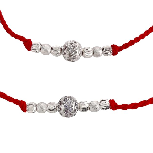 Original Silver Couple Combo Rakhi Set for Bhai & Bhabhi | Handmade Silver Rakhi and Lumba Bracelet with CZ Designer Beads | Traditional Red Cotton Thread Raksha Bandhan Gift