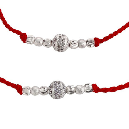 Original Silver Couple Combo Rakhi Set for Bhai & Bhabhi | Handmade Silver Rakhi and Lumba Bracelet with CZ Designer Beads | Traditional Red Cotton Thread Raksha Bandhan Gift