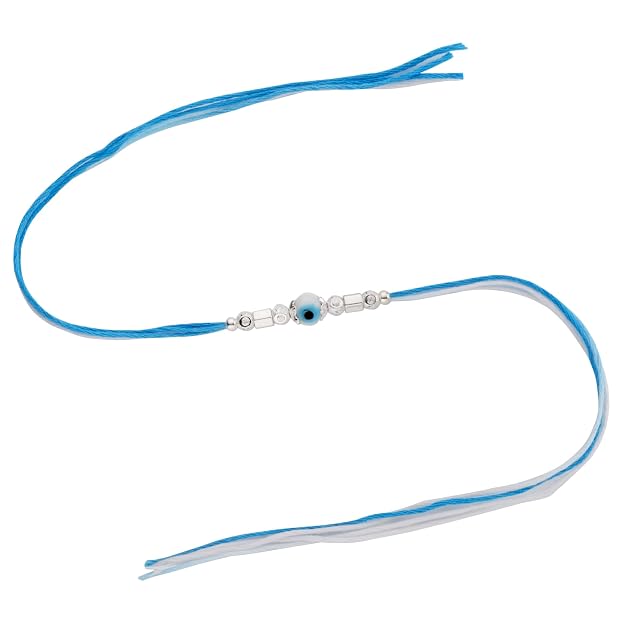 Original Silver Evil Eye Rakhi for Brother | Blue & White Multicolor Handwoven Thread | Traditional Raksha Bandhan Bracelet | Gift for Bhai