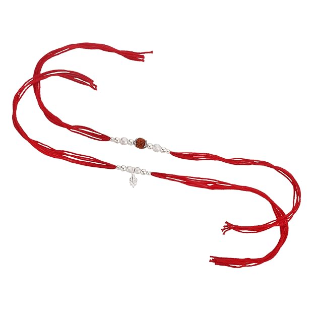 Original Silver Couple Rakhi Set for Bhai Bhabhi | Rudraksha & Silver Lumba Rakhi | Red Cotton Thread | Traditional Raksha Bandhan Gift | Combo Pack