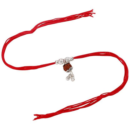 Original Silver Rudraksha Bhabhi(Lumba) Rakhi for Women | Designer Bead Cap & Dangle Lumba Rakhi with Red Sacred Thread | Traditional Rakshabandhan Gift for Bhabhi & Sister-in-Law