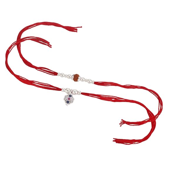 Original Silver Couple Rakhi Set for Bhai Bhabhi | Rudraksha & Silver CZ Lumba Rakhi | Red Cotton Thread | Traditional Raksha Bandhan Gift | Combo Pack