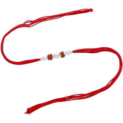 Original Silver Rudraksha Rakhi for Brother | 2 Beads | Red Handwoven Cotton Thread Rakhi | Traditional Raksha Bandhan Bracelet | Spiritual Silver Rakhi Gift