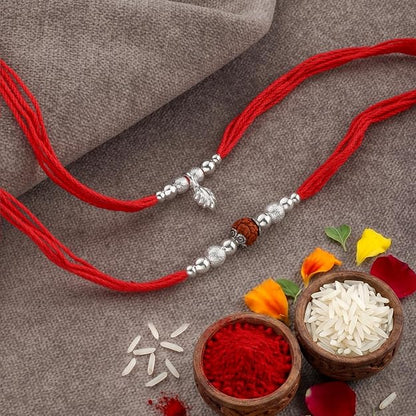 Original Silver Couple Rakhi Set for Bhai Bhabhi | Rudraksha & Silver Lumba Rakhi | Red Cotton Thread | Traditional Raksha Bandhan Gift | Combo Pack