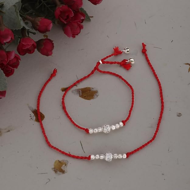 Original Silver Couple Combo Rakhi Set for Bhai & Bhabhi | Handmade Silver Rakhi and Lumba Bracelet with CZ Designer Beads | Traditional Red Cotton Thread Raksha Bandhan Gift