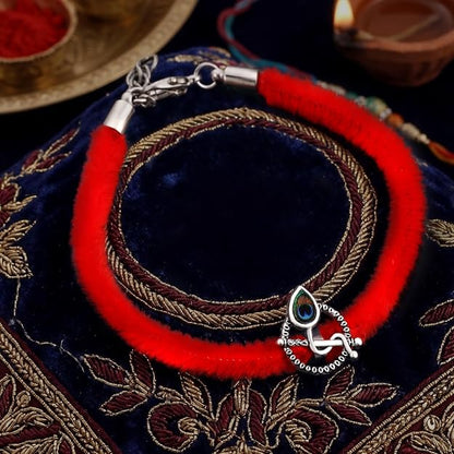 Original Silver Rakhi for Brother | Traditional Designer Raksha Bandhan Bracelet | Premium Soft Furry Wired Red Thread | Adjustable Steel Spring Lock | Festive Gift for Men & Boys