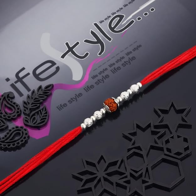 Original Silver Rudraksha Rakhi for Brother | Red Handwoven Cotton Thread Rakhi | Traditional Raksha Bandhan Bracelet | Spiritual Silver Rakhi Gift