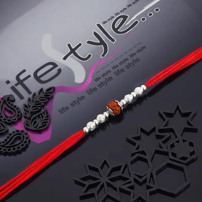 Original Silver Rudraksha Rakhi for Brother | Red Handwoven Cotton Thread Rakhi | Traditional Raksha Bandhan Bracelet | Spiritual Silver Rakhi Gift