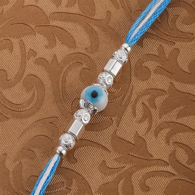 Original Silver Evil Eye Rakhi for Brother | Blue & White Multicolor Handwoven Thread | Traditional Raksha Bandhan Bracelet | Gift for Bhai