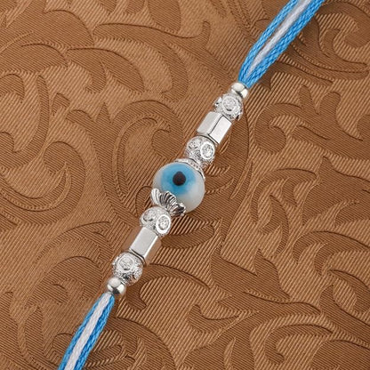 Original Silver Evil Eye Rakhi for Brother | Blue & White Multicolor Handwoven Thread | Traditional Raksha Bandhan Bracelet | Gift for Bhai