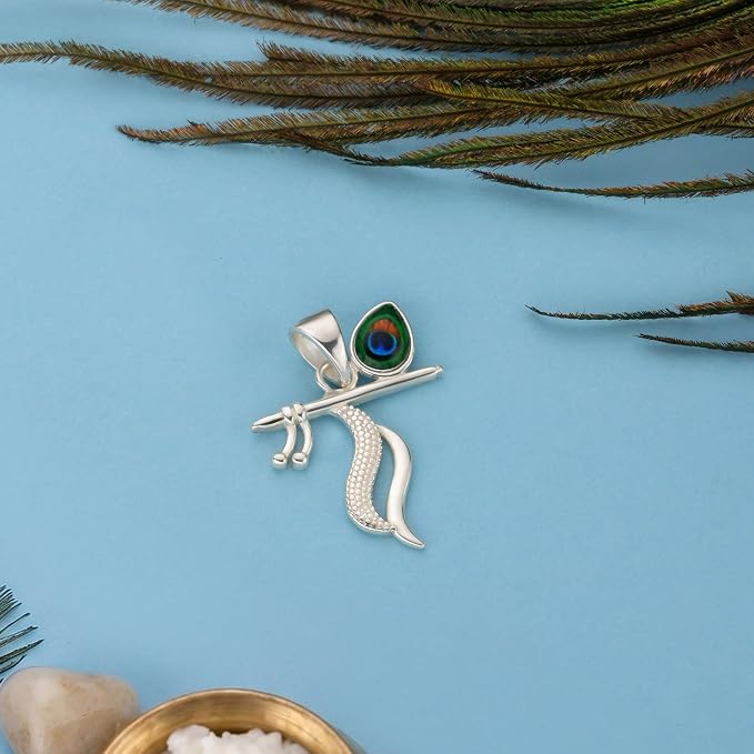 925 Silver Lord Krishna Flute with Peacock Feather Pendant for Men & Women | Spiritual Krishna Pendant | Daily Wear Silver Jewellery Gift