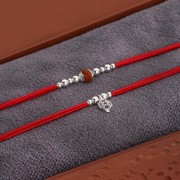 Original Silver Couple Rakhi Set for Bhai Bhabhi | Rudraksha & Silver CZ Lumba Rakhi | Red Cotton Thread | Traditional Raksha Bandhan Gift | Combo Pack