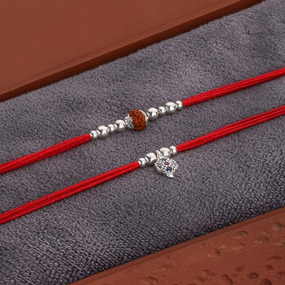 Original Silver Couple Rakhi Set for Bhai Bhabhi | Rudraksha & Silver CZ Lumba Rakhi | Red Cotton Thread | Traditional Raksha Bandhan Gift | Combo Pack