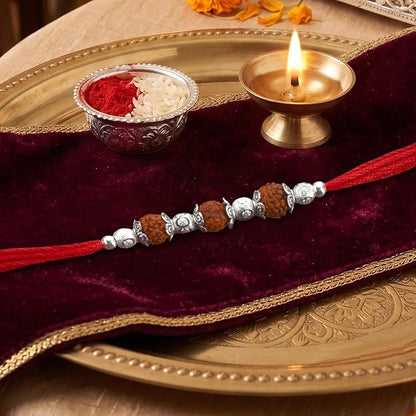 Original Silver Rudraksha Rakhi for Brother | 3 Beads | Red Handwoven Cotton Thread Rakhi | Traditional Raksha Bandhan Bracelet | Spiritual Silver Rakhi Gift