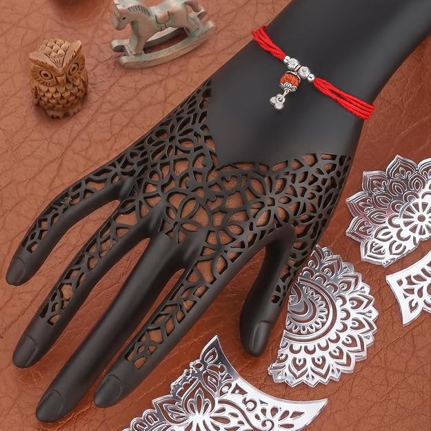 Original Silver Rudraksha Bhabhi(Lumba) Rakhi for Women | Designer Bead Cap & Dangle Lumba Rakhi with Red Sacred Thread | Traditional Rakshabandhan Gift for Bhabhi & Sister-in-Law