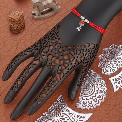 Original Silver Rudraksha Bhabhi(Lumba) Rakhi for Women | Designer Bead Cap & Dangle Lumba Rakhi with Red Sacred Thread | Traditional Rakshabandhan Gift for Bhabhi & Sister-in-Law