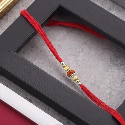 Original Silver 1 Rudraksha Rakhi for Brother | Traditional Red Cotton Thread with Gold Plated Balls & Silver Beads | Handmade Spiritual Raksha Bandhan Rakhi for Men & Boys
