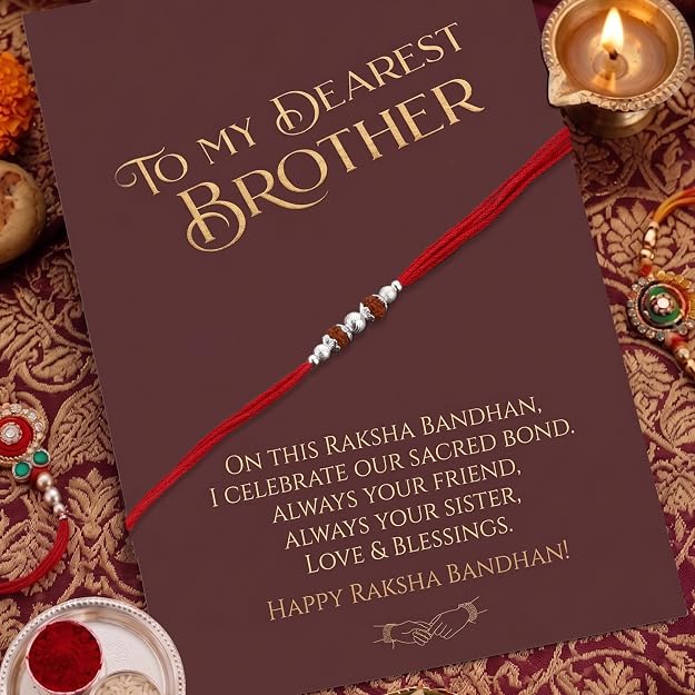 Original Silver Rudraksha Rakhi for Brother | 2 Beads | Red Handwoven Cotton Thread Rakhi | Traditional Raksha Bandhan Bracelet | Spiritual Silver Rakhi Gift
