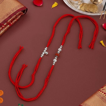 Original Silver Couple Rakhi Set for Bhai Bhabhi | Rudraksha & Silver Lumba Rakhi | Red Cotton Thread | Traditional Raksha Bandhan Gift | Combo Pack