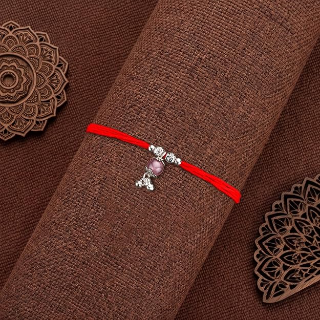 Original Silver Pink Bead Bhabhi(Lumba) Rakhi for Women | Designer Lumba Rakhi with Red Sacred Thread | Traditional Rakshabandhan Gift for Bhabhi & Sister-in-Law