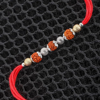 Original Silver 3 Rudraksha Rakhi for Brother | Traditional Red Cotton Thread with Gold Plated Balls & Silver Beads | Spiritual Raksha Bandhan Handmade Rakhi for Men & Boys