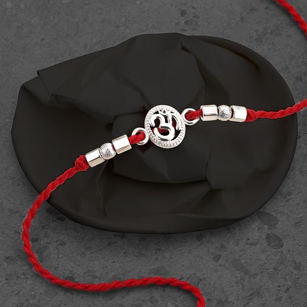 Original Silver Om Rakhi for Brother | Red Handwoven Cotton Thread Rakhi | Traditional Raksha Bandhan Bracelet | Spiritual Silver Rakhi Gift