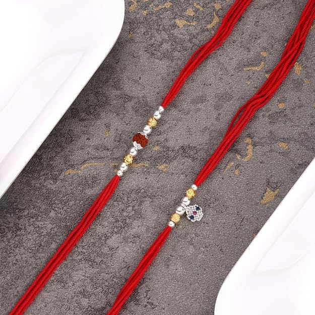 Original Silver Couple Combo Rakhi Set for Bhai & Bhabhi | Rudraksha & Lumba Rakhi | Gold Plated & Silver Beads | Handmade Raksha Bandhan Gift Set