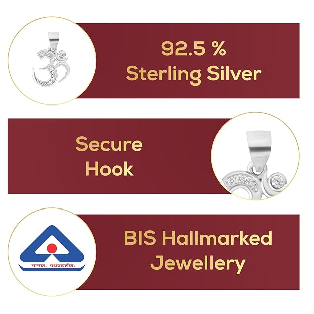 925 Sterling Silver OM Pendant for Men & Women | Cubic Zirconia Studded Om Symbol | BIS Hallmarked | Religious Spiritual Pendant | Daily Wear Jewellery | Made in India