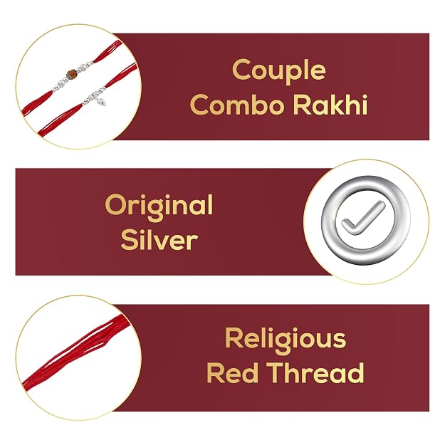 Original Silver Couple Rakhi Set for Bhai Bhabhi | Rudraksha & Silver Lumba Rakhi | Red Cotton Thread | Traditional Raksha Bandhan Gift | Combo Pack