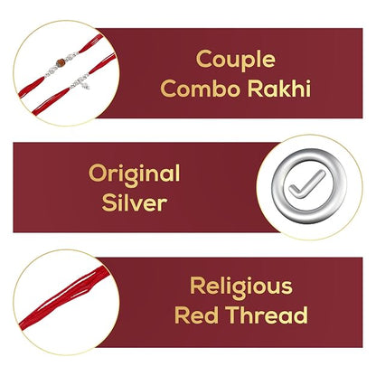Original Silver Couple Rakhi Set for Bhai Bhabhi | Rudraksha & Silver Lumba Rakhi | Red Cotton Thread | Traditional Raksha Bandhan Gift | Combo Pack
