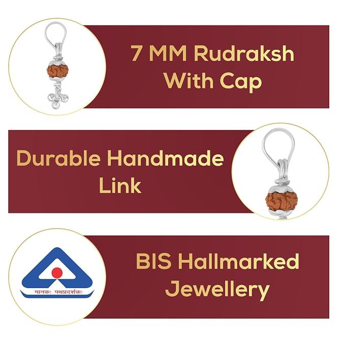 925 Silver Rudraksh Pendant with Hook for Men & Women | Natural 7 MM Rudraksha Bead | Religious Silver Pendant | Lightweight Daily Wear | Pendant with Bead Cap & Dangle