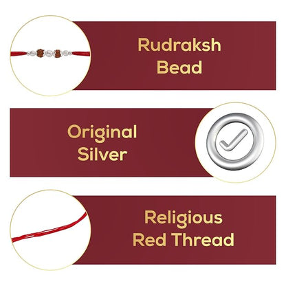 Original Silver Rudraksha Rakhi for Brother | 2 Beads | Red Handwoven Cotton Thread Rakhi | Traditional Raksha Bandhan Bracelet | Spiritual Silver Rakhi Gift