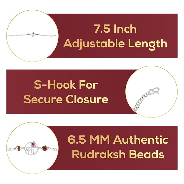 925 Silver Shree with Rudraksh Rakhi Bracelet for Men | Adjustable Silver Chain Bracelet | Spiritual Raksha Bandhan Gift | Designer Religious Bracelet with Rudraksh Beads