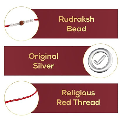 Original Silver Rudraksha Rakhi for Brother | Red Handwoven Cotton Thread Rakhi | Traditional Raksha Bandhan Bracelet | Spiritual Silver Rakhi Gift
