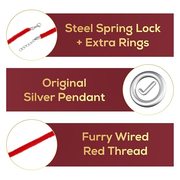 Original Silver Rakhi for Brother | Traditional Designer Raksha Bandhan Bracelet | Premium Soft Furry Wired Red Thread | Adjustable Steel Spring Lock | Festive Gift for Men & Boys