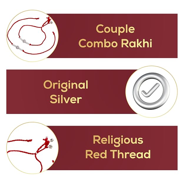 Original Silver Couple Combo Rakhi Set for Bhai & Bhabhi | Handmade Silver Rakhi and Lumba Bracelet with CZ Designer Beads | Traditional Red Cotton Thread Raksha Bandhan Gift