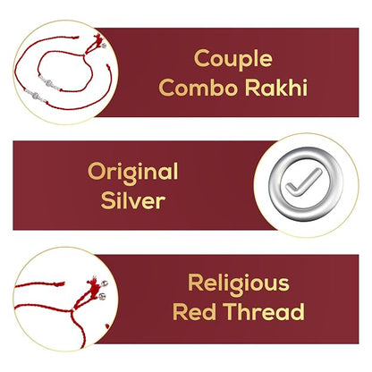 Original Silver Couple Combo Rakhi Set for Bhai & Bhabhi | Handmade Silver Rakhi and Lumba Bracelet with CZ Designer Beads | Traditional Red Cotton Thread Raksha Bandhan Gift