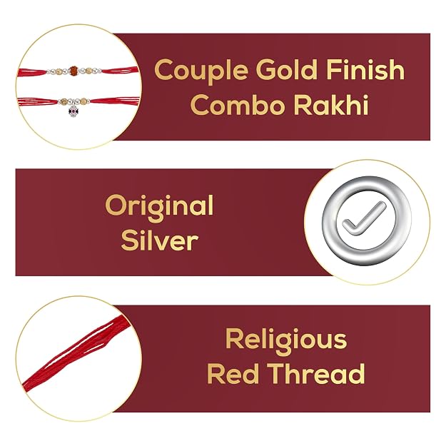 Original Silver Couple Combo Rakhi Set for Bhai & Bhabhi | Rudraksha & Lumba Rakhi | Gold Plated & Silver Beads | Handmade Raksha Bandhan Gift Set