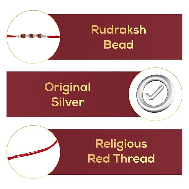 Original Silver Rudraksha Rakhi for Brother | 3 Beads | Red Handwoven Cotton Thread Rakhi | Traditional Raksha Bandhan Bracelet | Spiritual Silver Rakhi Gift