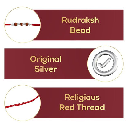Original Silver Rudraksha Rakhi for Brother | 3 Beads | Red Handwoven Cotton Thread Rakhi | Traditional Raksha Bandhan Bracelet | Spiritual Silver Rakhi Gift