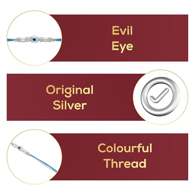 Original Silver Evil Eye Rakhi for Brother | Blue & White Multicolor Handwoven Thread | Traditional Raksha Bandhan Bracelet | Gift for Bhai