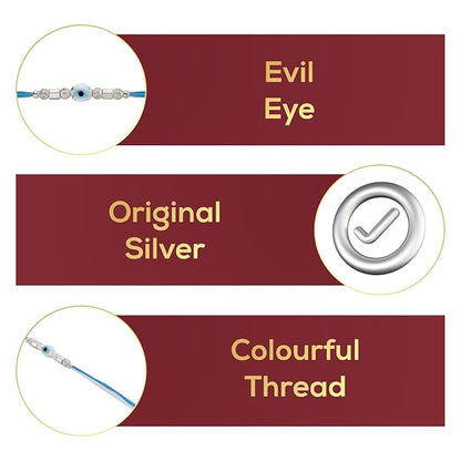 Original Silver Evil Eye Rakhi for Brother | Blue & White Multicolor Handwoven Thread | Traditional Raksha Bandhan Bracelet | Gift for Bhai