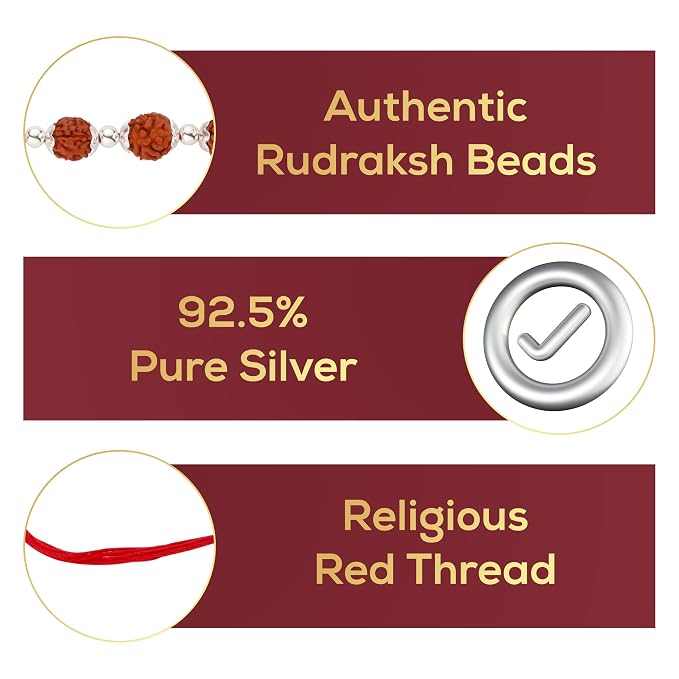925 Silver Rudraksha Rakhi for Brother | 7.5 MM Bead with Red Thread | Silver Rakhi | Raksha Bandhan Gift for Bhai