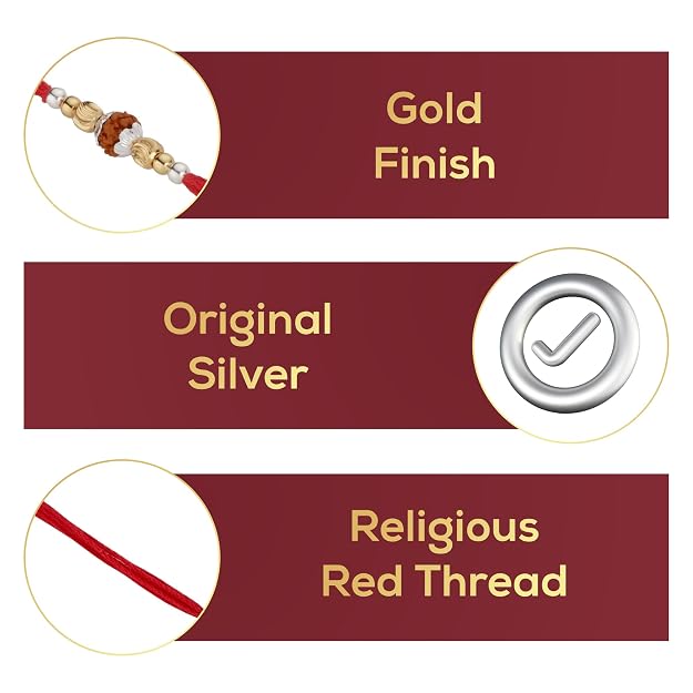 Original Silver 1 Rudraksha Rakhi for Brother | Traditional Red Cotton Thread with Gold Plated Balls & Silver Beads | Handmade Spiritual Raksha Bandhan Rakhi for Men & Boys