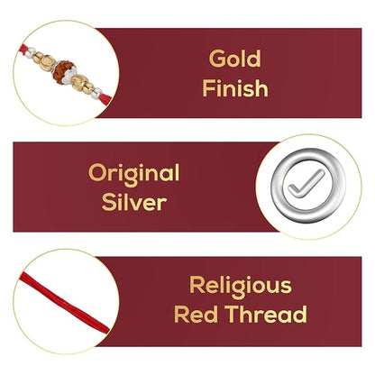 Original Silver 1 Rudraksha Rakhi for Brother | Traditional Red Cotton Thread with Gold Plated Balls & Silver Beads | Handmade Spiritual Raksha Bandhan Rakhi for Men & Boys