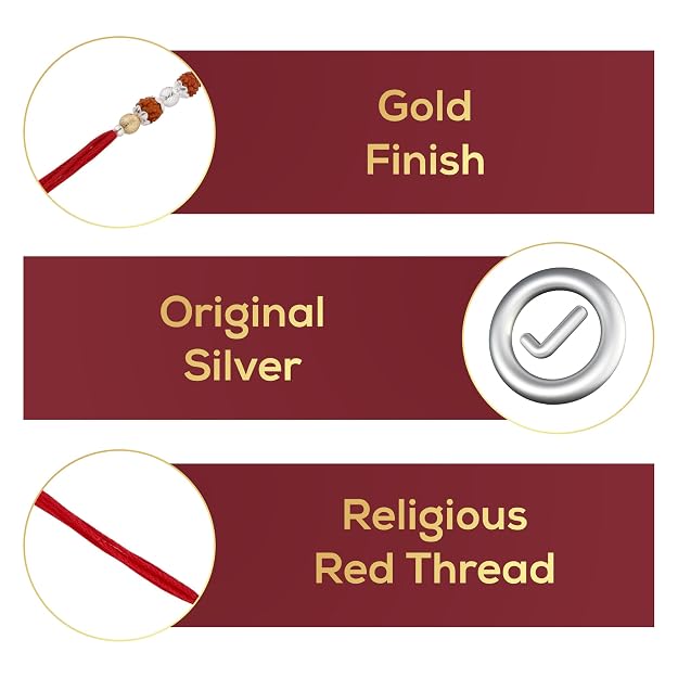 Original Silver 3 Rudraksha Rakhi for Brother | Traditional Red Cotton Thread with Gold Plated Balls & Silver Beads | Spiritual Raksha Bandhan Handmade Rakhi for Men & Boys