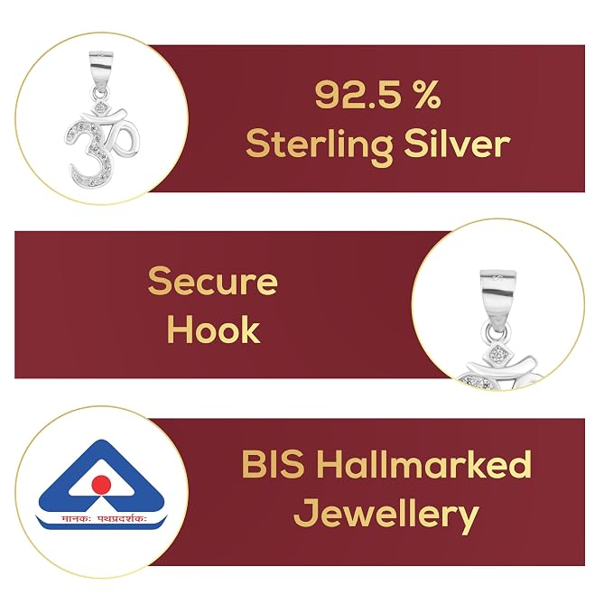 925 Sterling Silver OM Pendant for Men & Women | Cubic Zirconia Studded Om Symbol | BIS Hallmarked | Religious Spiritual Pendant | Daily Wear Jewellery | Made in India
