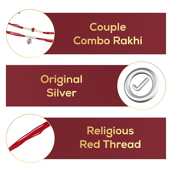 Original Silver Couple Rakhi Set for Bhai Bhabhi | Rudraksha & Silver CZ Lumba Rakhi | Red Cotton Thread | Traditional Raksha Bandhan Gift | Combo Pack