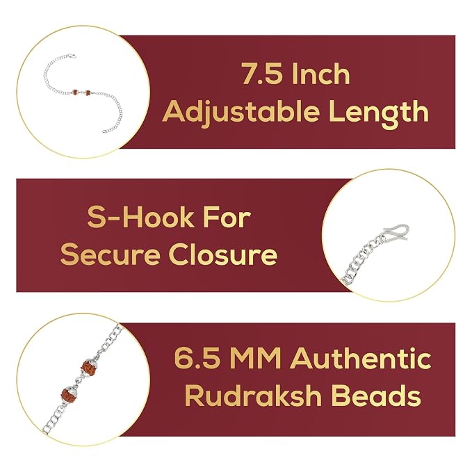 925 Silver 2 Rudraksh Beads Rakhi Bracelet for Men | Adjustable Cable Link Silver Bracelet | Spiritual Raksha Bandhan Gift | Designer Rudraksh Bracelet